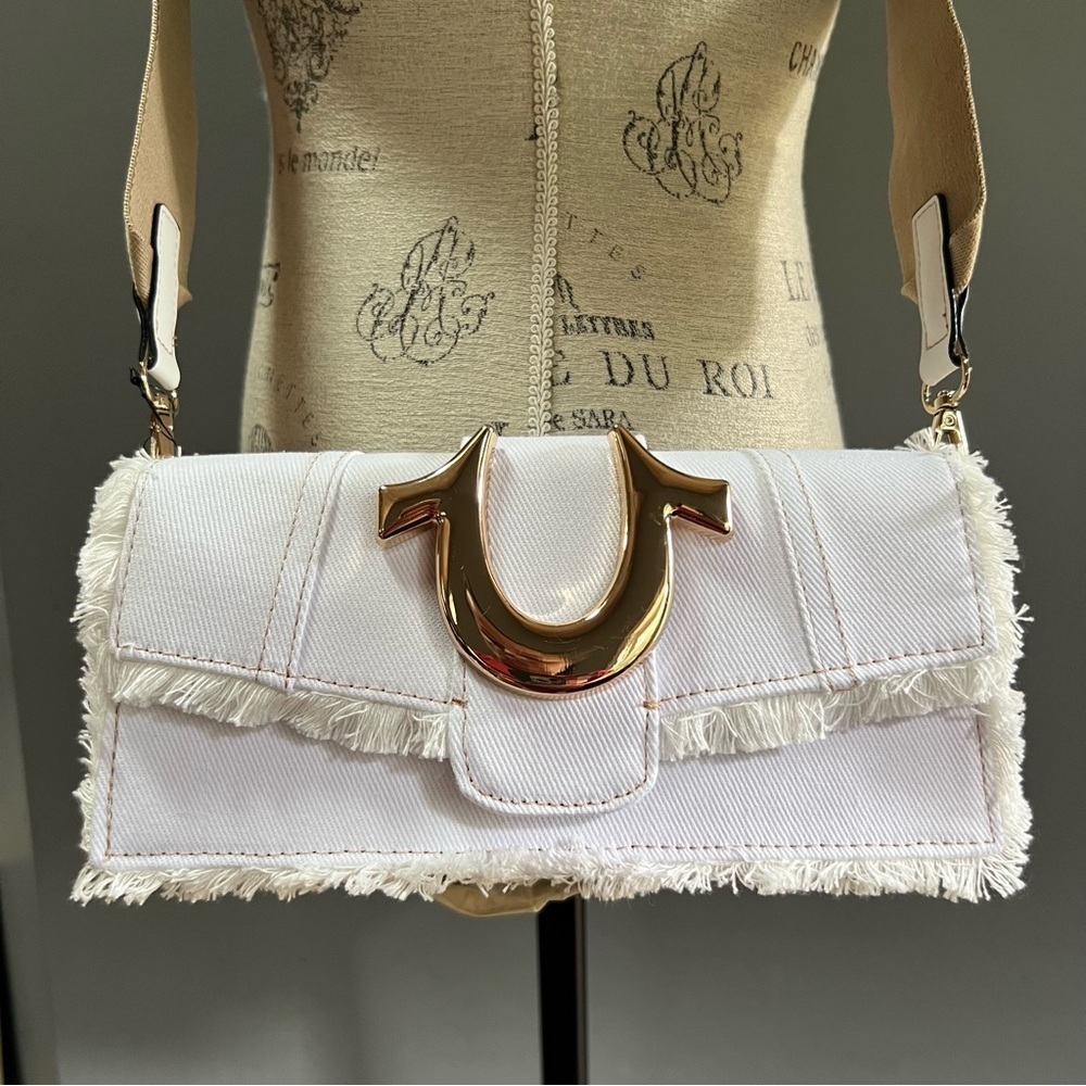 NWT True Religion Frayed Denim Flap Crossbody Bag White with Gold Hardware